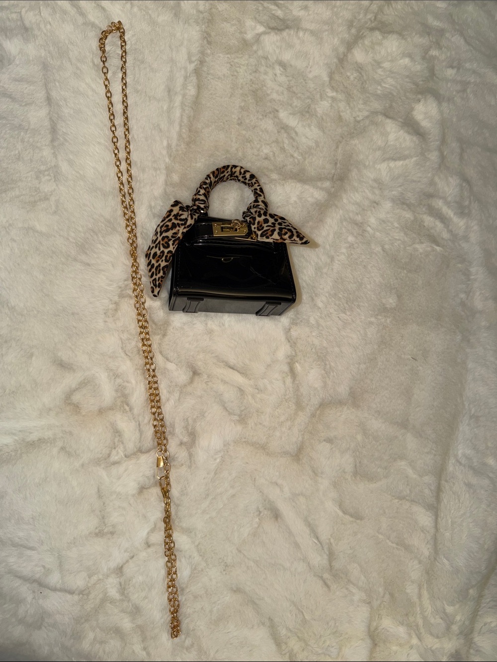 Black Patent Mini Satchel with Leopard-Print Scarf Handle